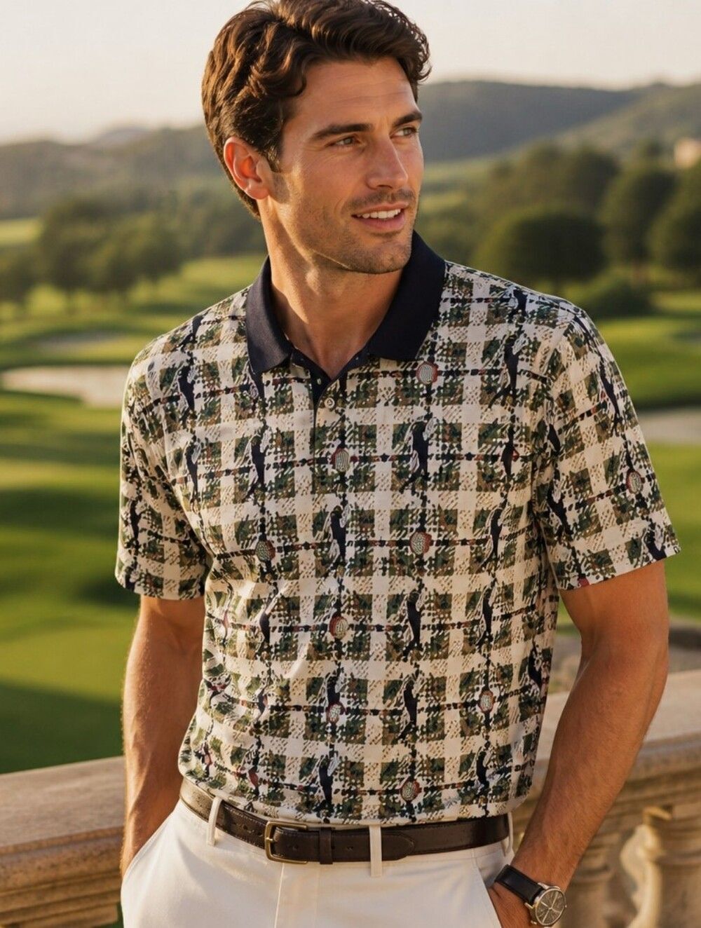 Short-Sleeve Plaid Polo with Navy Contrast Collar